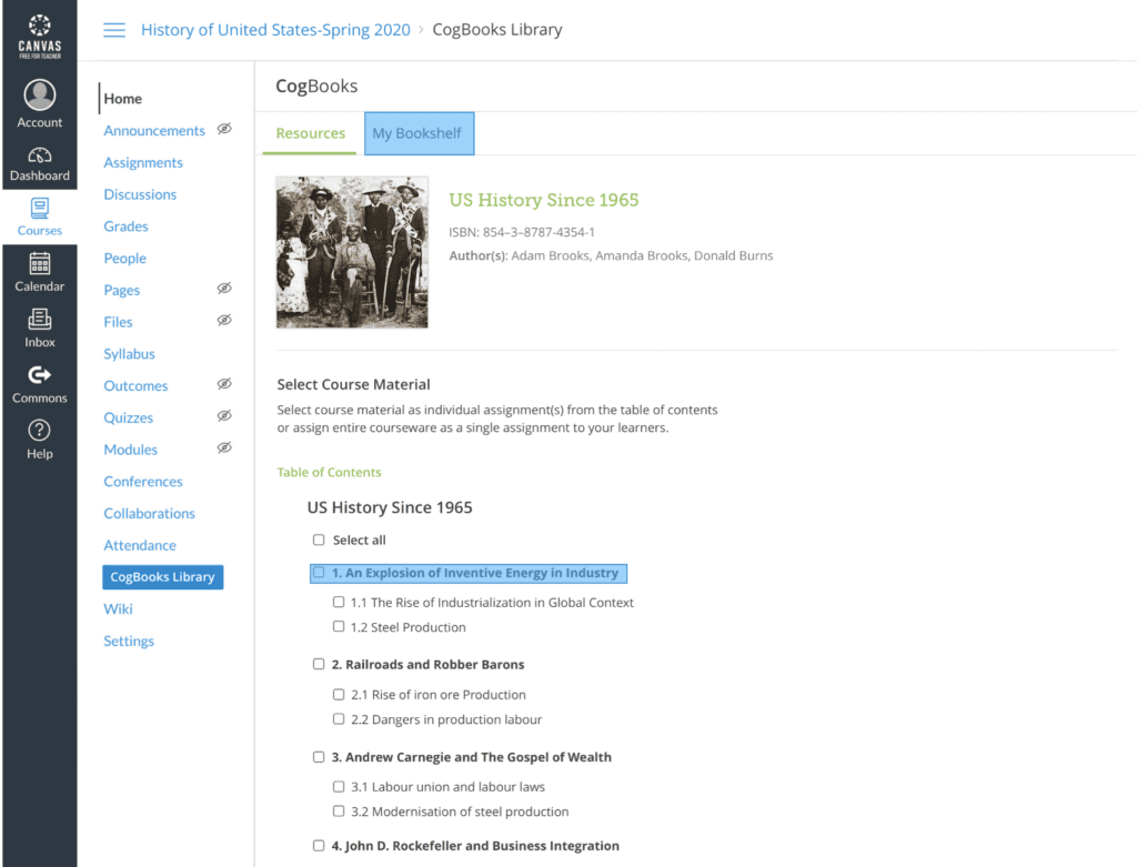 screenshot of canvas US History area table of contents