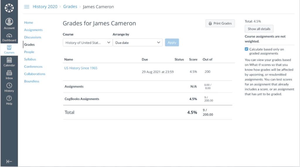 screenshot of grades for James Cameron